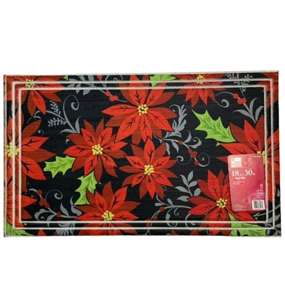 Doormat Christmas Poinsettia Heavy Duty Indoor/Outdoor Red Black 18 x 30 in